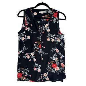 C&E Black Floral Print‎ Sleeveless Crepe Keyhole Tank Top Blouse Size Small
